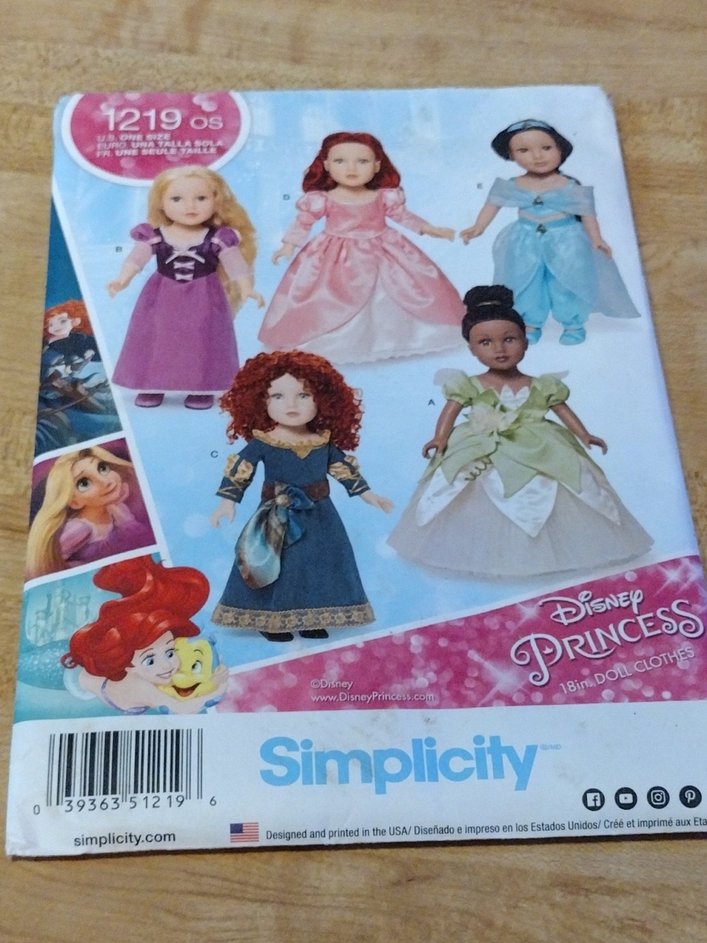 Simplicity 1219 Disney Princess Doll Clothes Pattern Fits 18" Dolls New OOP